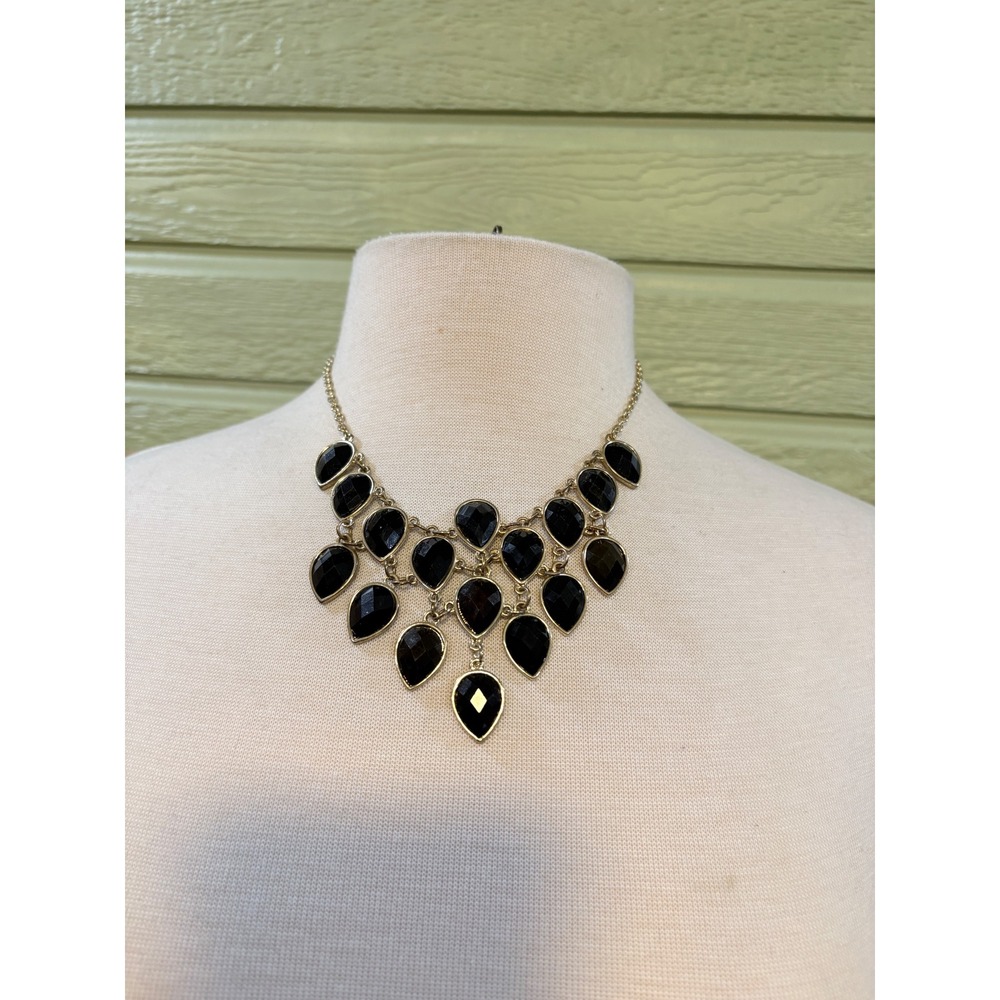 Black Teardrop‎ Bib Statement Necklace Gold Tone Tiered Faceted Stone